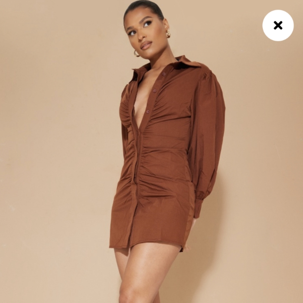 Brown Ruched Puff Sleeve Shirt Dress